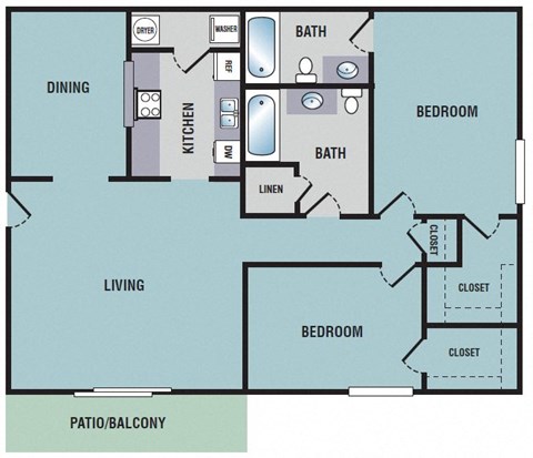 Northwood Place Apartments Meridian, MS 2 Bedroom Floor Plan 2D